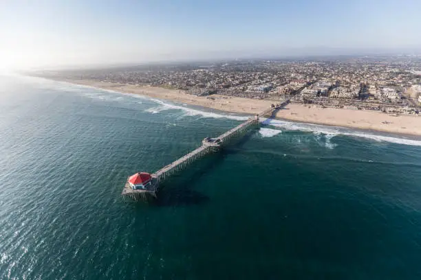 Aerial view of Huntington Beach Pier in Orange County, California.