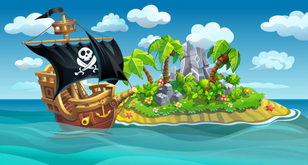 hölzerne piratenschiff in der nähe der insel - piratenschiff stock-grafiken, -clipart, -cartoons und -symbole