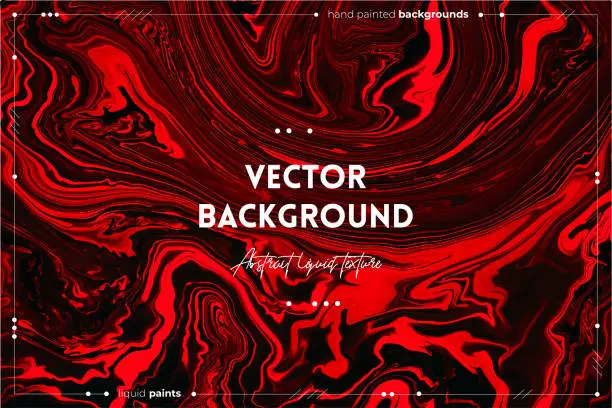 Vector illustration of Fluid art texture. Background with abstract iridescent paint effect. Liquid acrylic artwork with flows and splashes. Mixed paints for background or poster. Red, black and orange overflowing colors.