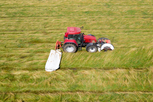 istock Tractor mowing green field, aerial view 1287934017