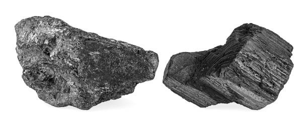 istock Two coal pieces isolated on a white background. Hard coal and charcoal. 1287939259