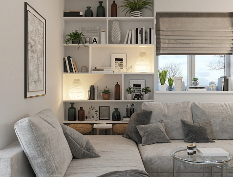 Picture of Domestic Living room, Cozy Sofa, and decoration. Render image.