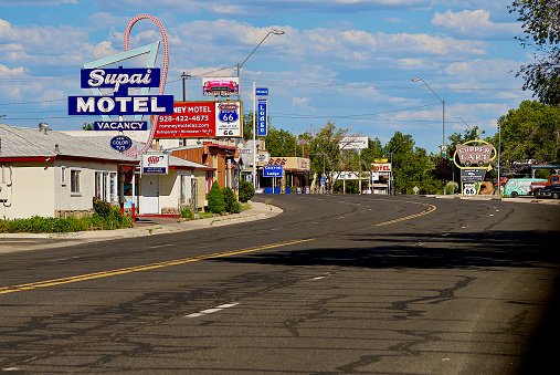 Seligman, Arizona, USA - July 30, 2020: An empty historic Route 66 goes through the heart of Seligman, Arizona.
