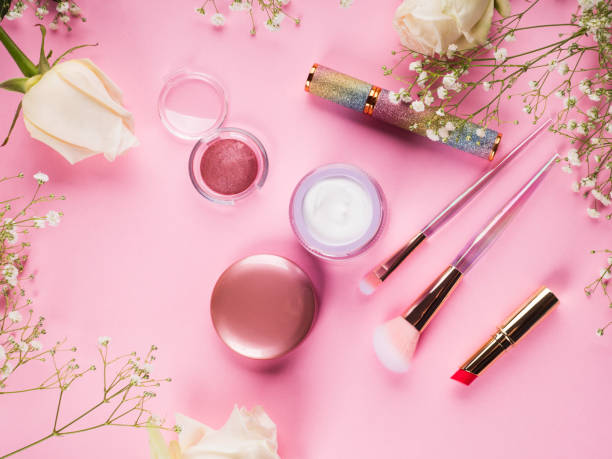 istock Shiny make up products and accessories on pink 1287943242