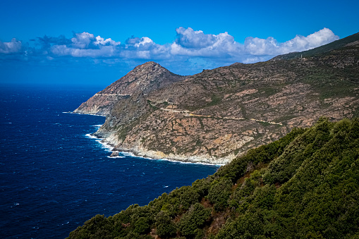 a fantastic view of the Mediterranean sea and the western coastline of Cap Corse from the mountain village Canari, Cap Corse, Corsica, France