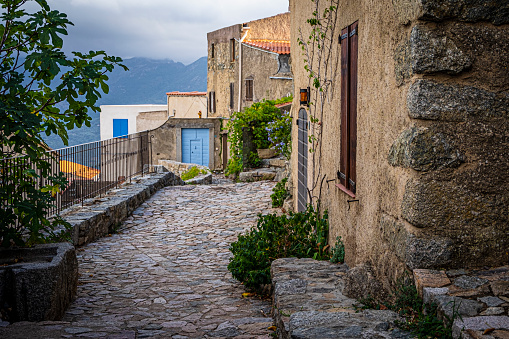 In the alleys of mountain village Sant'Antonino, Balagne, Corsica, France