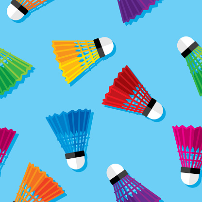 Vector illustration of multi-colored shuttlecocks in a repeating pattern against a blue background.