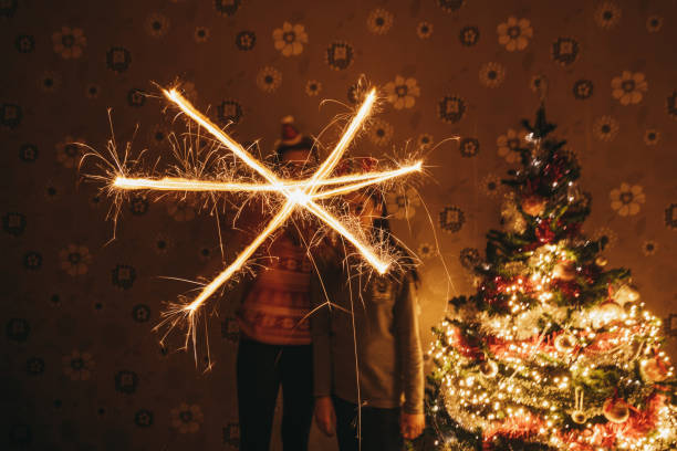 Two young women standing by Christmas tree at home and playing with Christmas lights