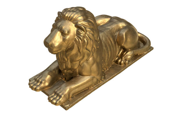 istock 3D render of lying lion gold sculpture isolated on white 1287969743
