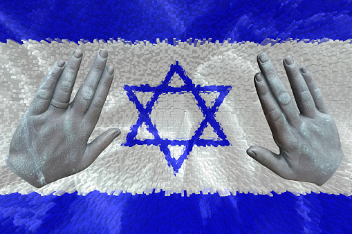 Israeli wedding  Hand with wedding ring   Married couple on Israeli flag background