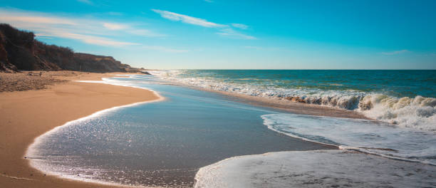 istock Panoramic seascape with white circular waves rolling in on clean beach sand 1287971604