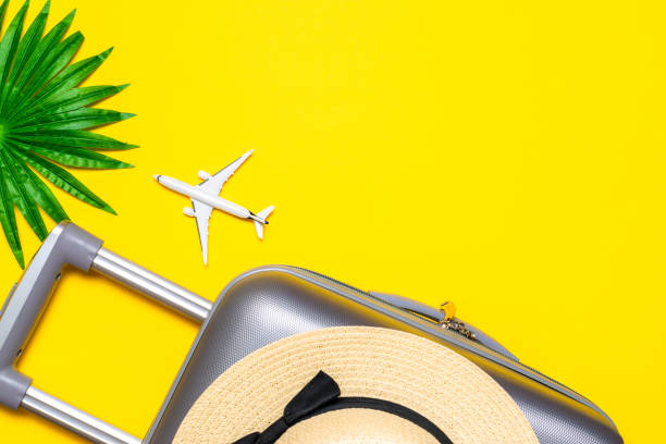 istock Summer pattern background. Suitcase, sunglasses with palm leaves and straw hat, white plane in travel composition on yellow background. Top view, flat lay. Copy space. 1287976423