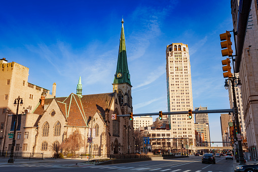 Saint John's Episcopal Church on Woodward Avenue in Detroit, Michigan USA view towards downtown