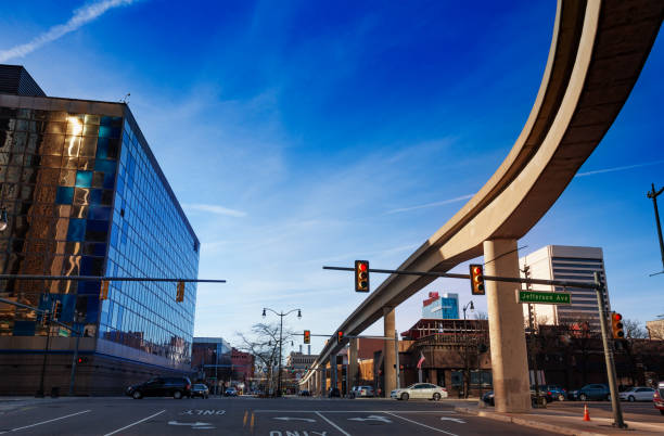 istock Light rail line street on Jefferson Ave in Detroit 1287984204