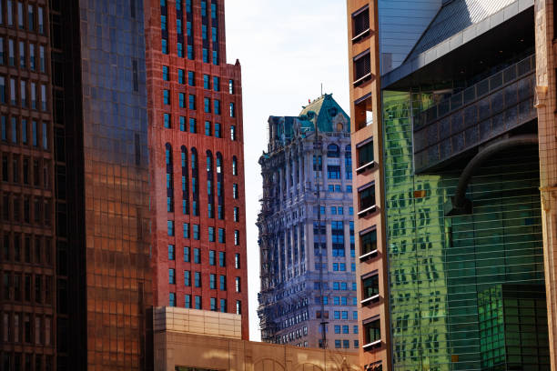 istock Different Detroit skyscraper buildings walls 1287984213