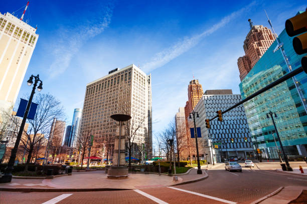 campus martius park en detroit, michigan usa - detroit fotografías e imágenes de stock