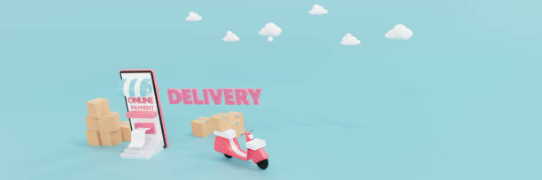 istock Top view Isometric Shopping online on mobile Application,transportation delivery by scooter service,E-commerce,smartphone on isolated blue background and cardboard box mockup,3d rendering illustration 1287984856