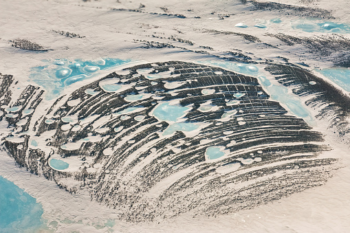 Glacial striations caused by the abrasion of moving ice sheets in Antarctica aerial view