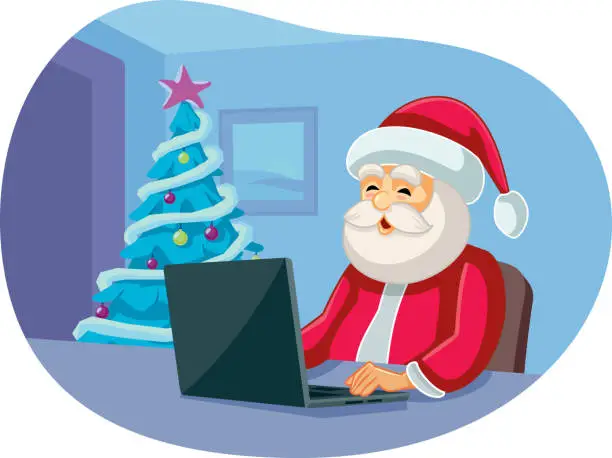 Vector illustration of Santa Claus Checking Messages on Laptop Vector Cartoon