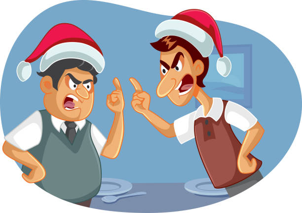 ilustrações de stock, clip art, desenhos animados e ícones de two men fighting on christmas over political views - dinner friends christmas