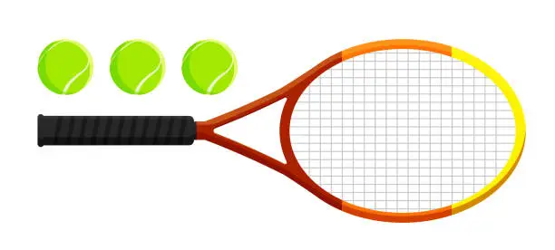 Vector illustration of set of tennis racket and ball in flat style. Tennis equipment. Active lifestyle. Vector