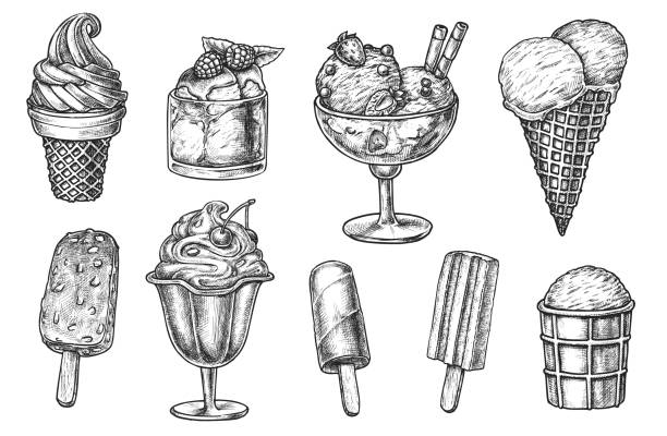 Ice-cream sweet dessert menu sketch isolated on white Ice-cream sweet dessert different flavor menu sketch. Hand drawn vanilla scoop in crispy waffle cone, creamy sundae in cup, lollipop, ice-pop on stick vector illustration isolated on white background whip cream dollop stock illustrations