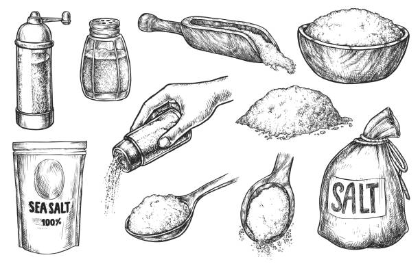 Kitchen salt baking and cooking ingredient sketch set Kitchen salt baking or cooking spice ingredient sketch set. Handdrawn salting hand and crystal in heap, glass bottle, wooden spoon, sack, package, bowl vector illustration isolated on white background salt pile stock illustrations