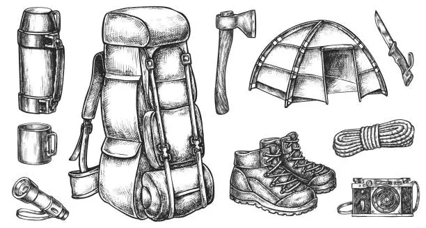 Vector illustration of Travel accessory and touristic equipment sketch set