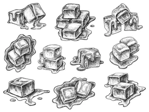 Vector illustration of Melted toffee caramel confection isolated sketch set