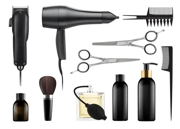 Vector illustration of Realistic barber and hairdresser professional tool set