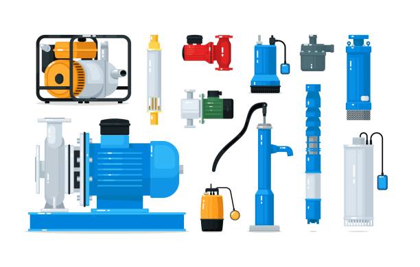 ilustrações de stock, clip art, desenhos animados e ícones de technical equipment for water pump system isolated set - water pipe vehicle part work tool pipe