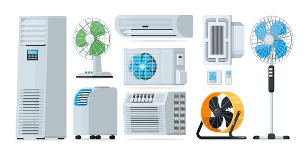 Air conditioner heating and cooling household appliance set Air conditioner heating and cooling household appliance set. Floor, wall-mounted, home and industrial fan, conditioner, thermostat for climate control vector illustration isolated on white background electric fan stock illustrations