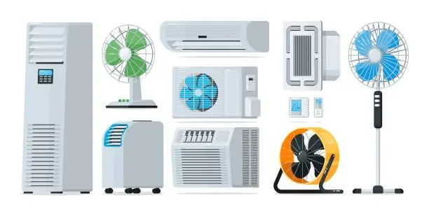 Vector illustration of Air conditioner heating and cooling household appliance set