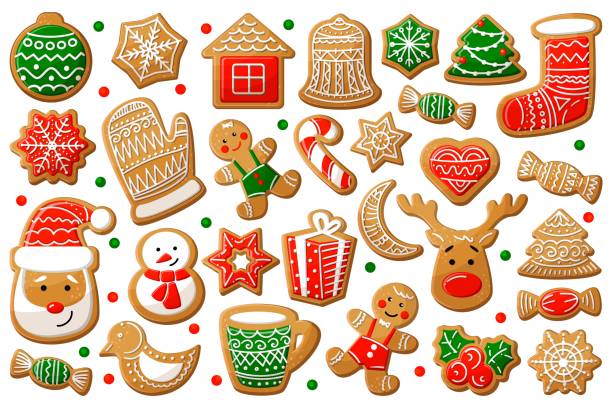 ilustrações de stock, clip art, desenhos animados e ícones de gingerbread cookie in christmas and new year symbol form - cookie christmas gingerbread man candy cane