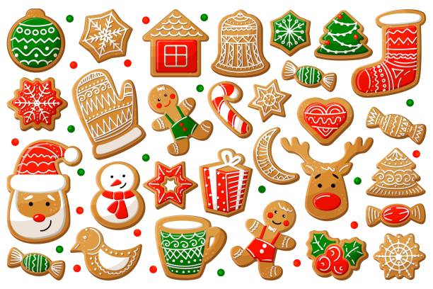 Gingerbread cookie in Christmas and New Year symbol form Gingerbread cookie in Christmas New Year symbol form set. Holiday treat in shape of xmas house, bell, snowflake, man, star, snowman, bird, holly, santa vector illustration isolated on white background gingerbread man stock illustrations
