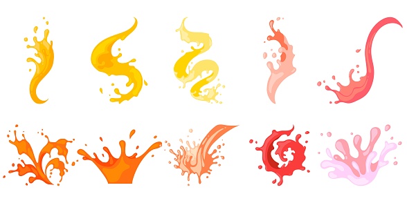 Colourful row with spiral, pouring, falling, flowing spattering splash and squirt. Splattered pure juice, lemonade, cocktail shake or jam vector illustration isolated set on white background