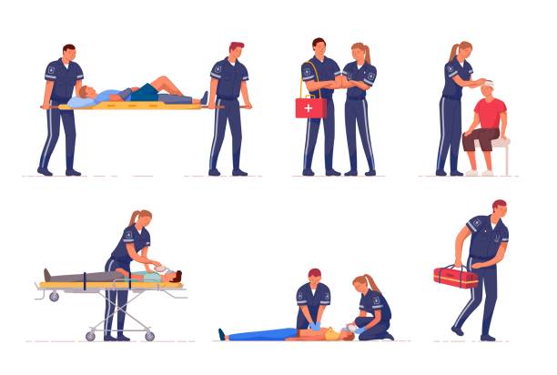Medical emergency paramedic team first aid set Medical emergency paramedic rescue team first aid at work. Professional medic specialist staff in uniform help people with injury, provide treatment vector illustration isolated on white background first aid stock illustrations