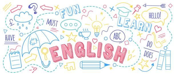 English language learning concept vector English language learning concept vector illustration. Doodle of foreign language education course for home online training study. Background design with english word art illustration english culture illustrations stock illustrations