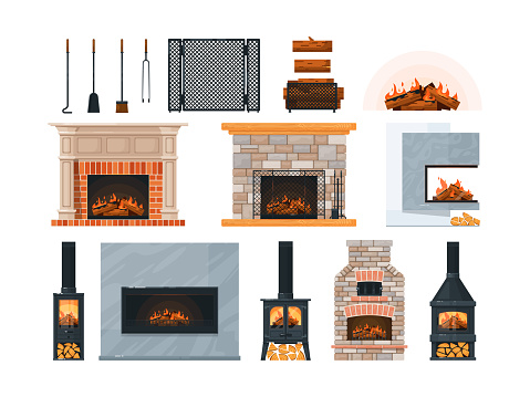 Glowing fireplace warmth equipment, firewood and accessory. Classical, obsolete and modern heating furnace, grate, grate, poker, scoop, tongs, hook vector illustration isolated on white background