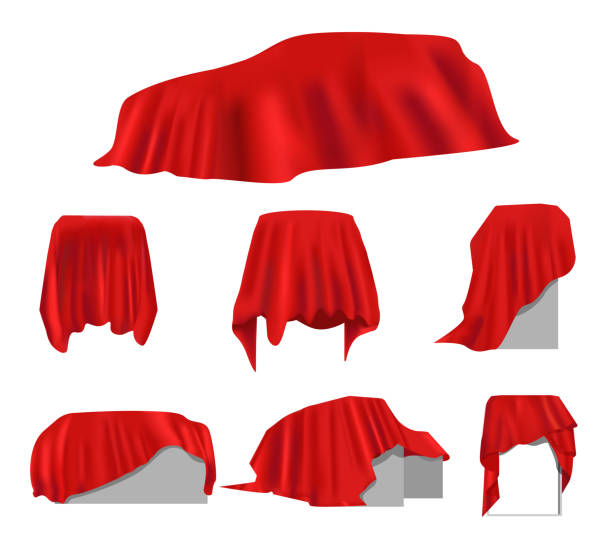 Realistic red silk cloth drapery covered object set Realistic red wrinkled elegance silk cloth drapery cover. Hidden luxury prize, mysterious secret trick or surprise display under royal satin curtain vector illustration isolated on white background sheet bedding stock illustrations