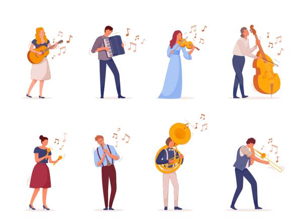 молодые люди играют на музыкальных инструментах вектор - guitar musical band popular music concert music stock illustrations