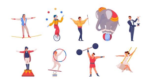 stockillustraties, clipart, cartoons en iconen met de karakters van de beeldverhaal van geïsoleerde mensen die circus en acrobatische trucs uitvoeren - jongleren