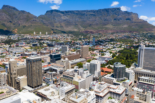 Aerial view over the city of Cape Town looking towards the harbor. Cape Town, Western Cape, South Africa, Africa.