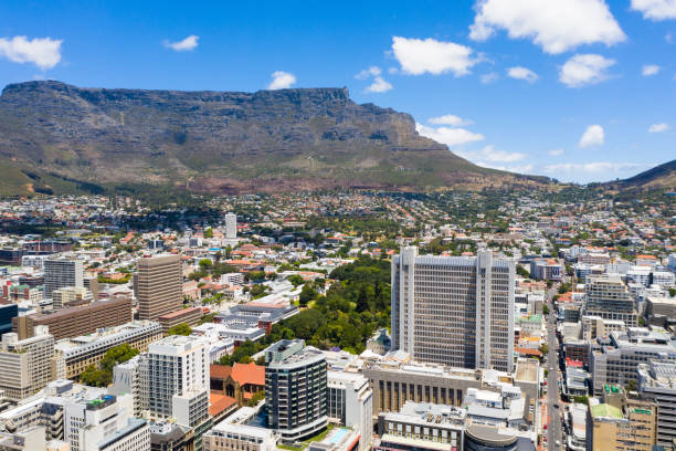 Aerial view over the city of Cape Town looking towards the harbor. Cape Town, Western Cape, South Africa, Africa.