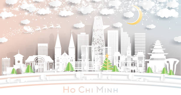 bildbanksillustrationer, clip art samt tecknat material och ikoner med ho chi minh vietnam city skyline i paper cut style med snöflingor, månen och neon garland. - jul i saigon