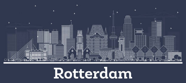stockillustraties, clipart, cartoons en iconen met schets de skyline van rotterdam nederland met witte gebouwen. - rotterdam