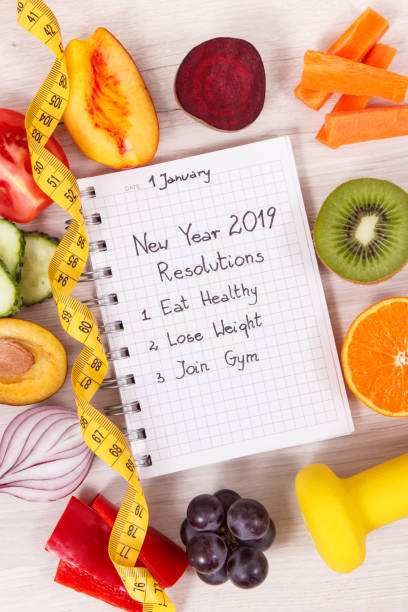 istock New year resolutions for 2019, fresh fruits with vegetables and centimeter 1288024795