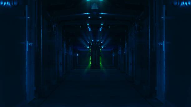 istock Running light in the hallway to the futuristic server 1288027583