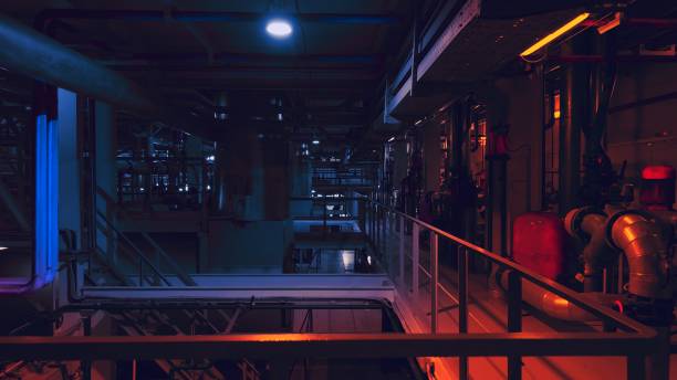 Thermal power plant  in red light at night