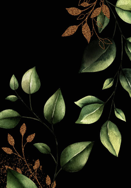 istock Watercolor floral frame card with gold elements. Hand draw painted border with branches, leaves isolated on black background. Trendy template 1288031023